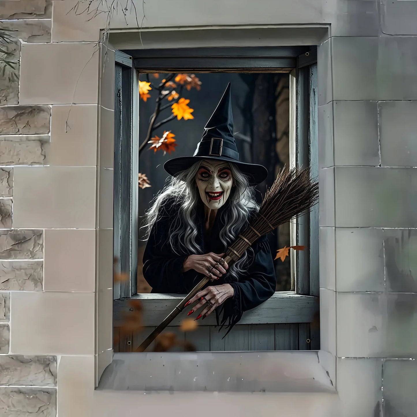Halloween party, eerie witch window decoration