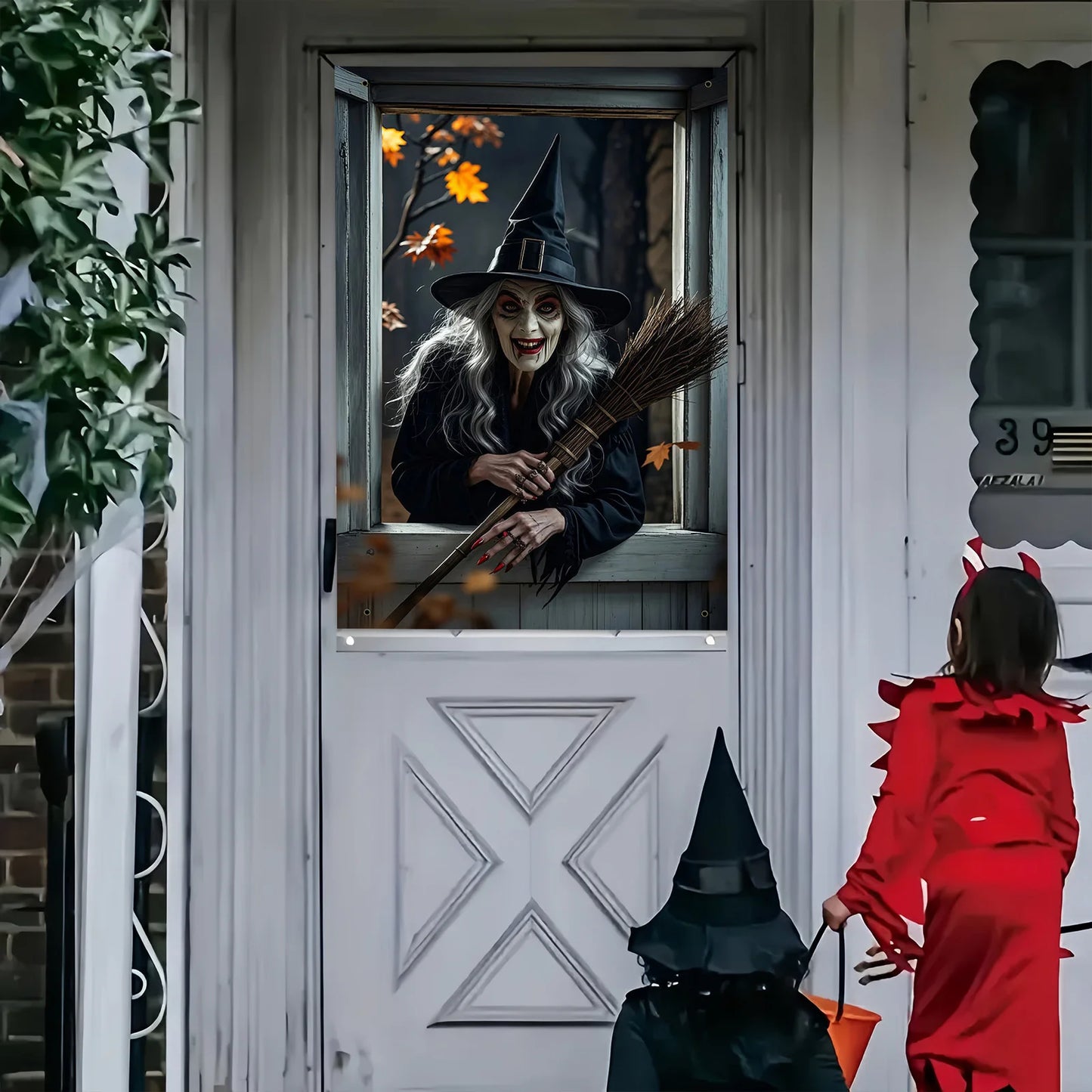 Halloween party, eerie witch window decoration