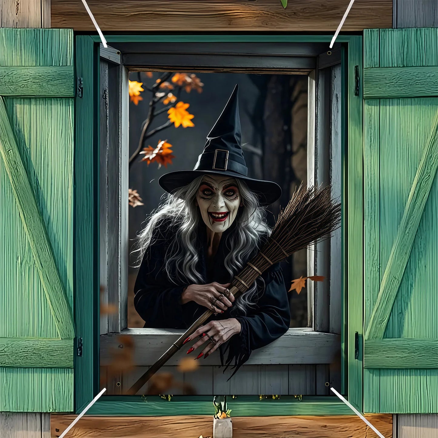 Halloween party, eerie witch window decoration