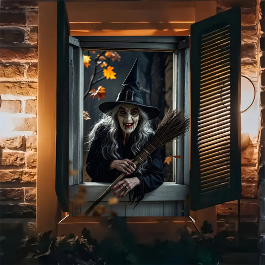 Halloween party, eerie witch window decoration