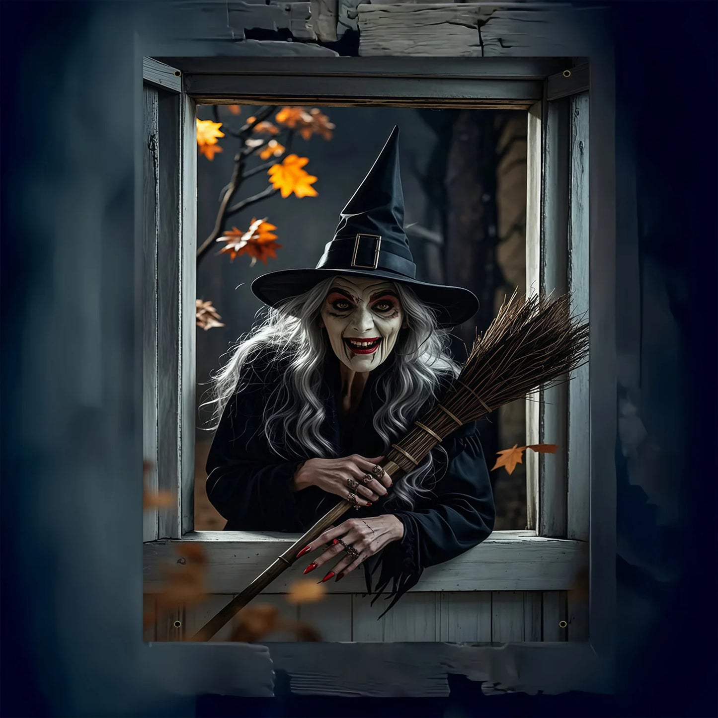 Halloween party, eerie witch window decoration